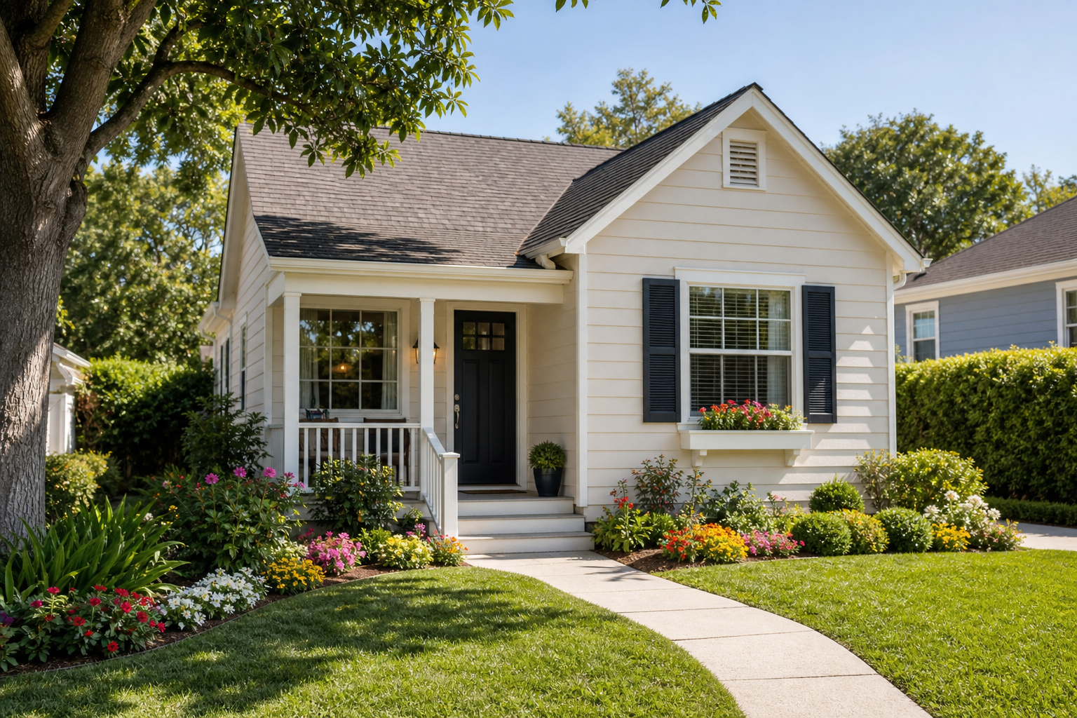 Small cream cottage with a lush green yard and flower beds