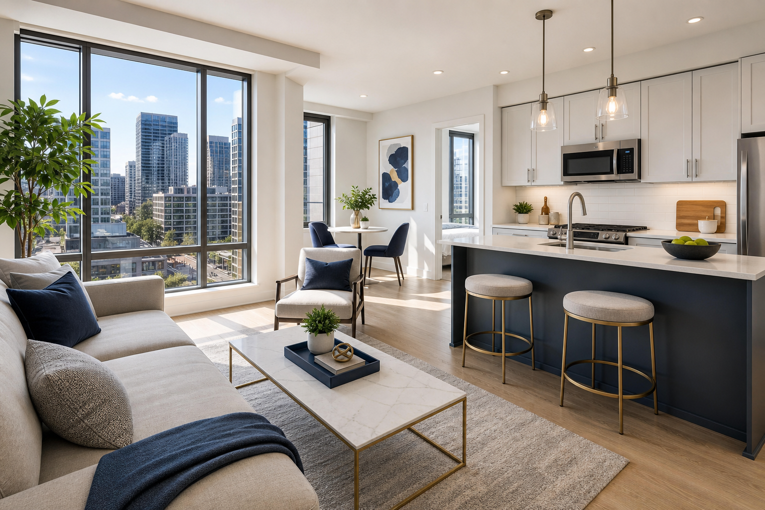 Modern city apartment with tall windows, light wood floors, and neutral furnishings