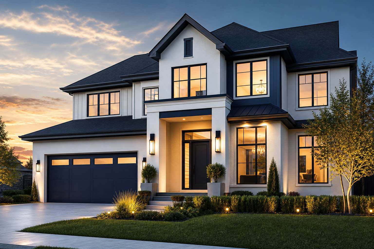 Elegant navy and white luxury rental home with a landscaped front yard and warm evening lighting