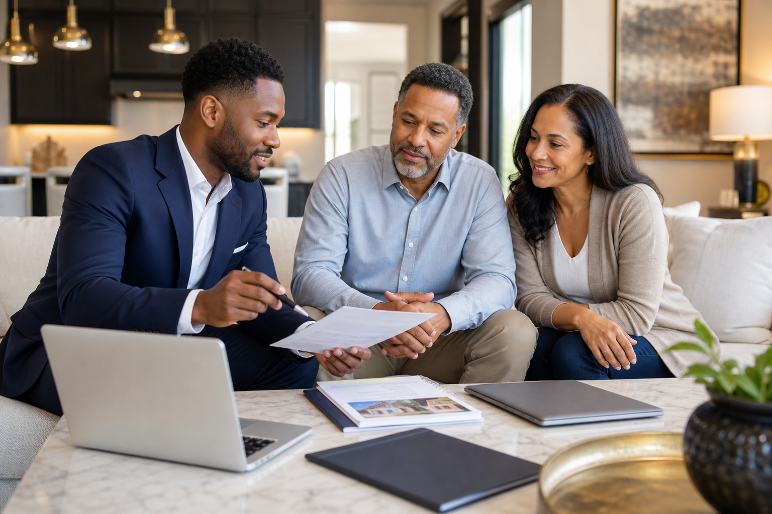 Professional real estate consultant reviewing rental property details with homeowners in a modern living room