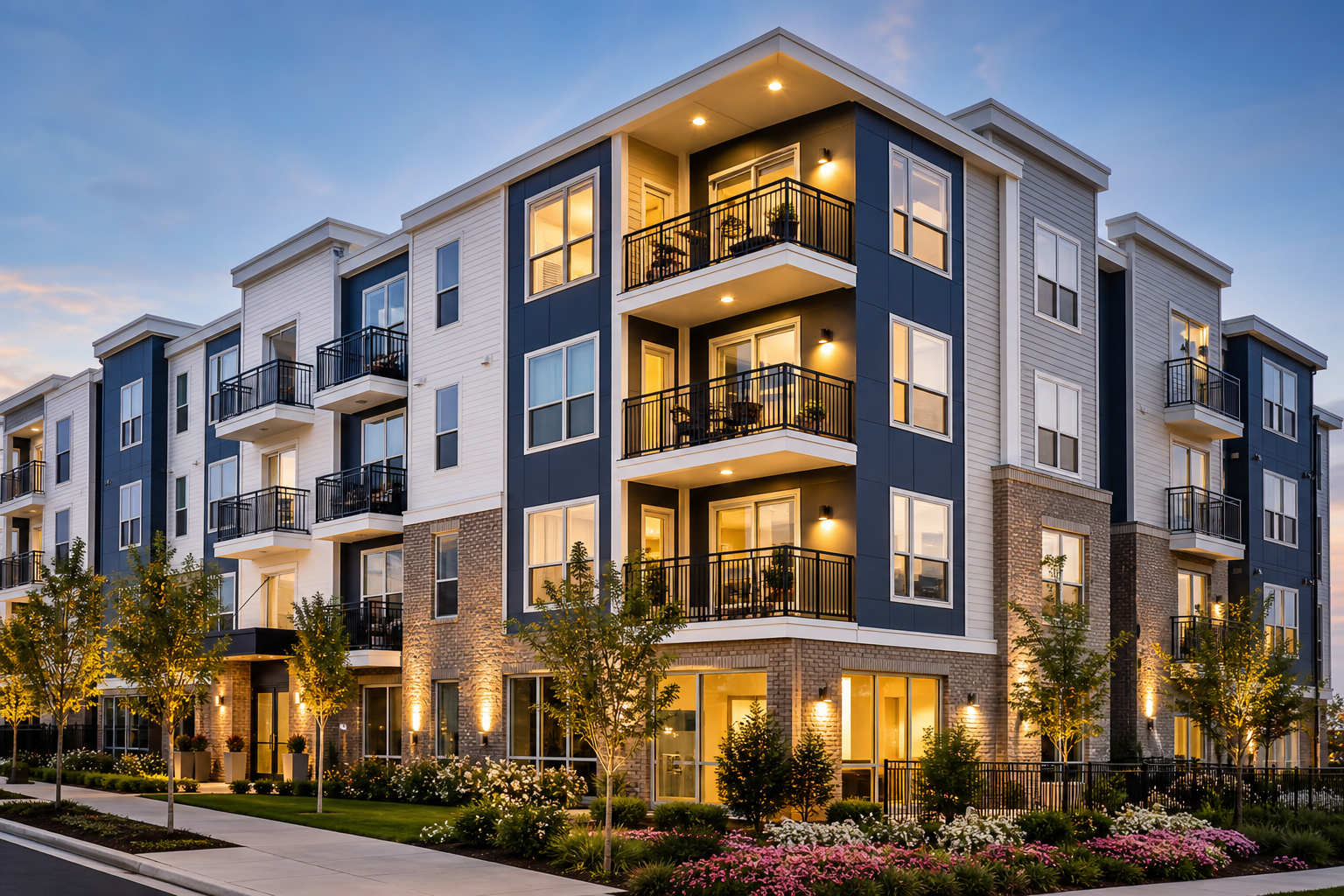 Contemporary apartment building with balconies and warm evening lighting