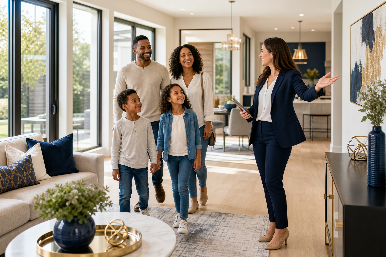 Smiling family touring a bright, modern rental home with large windows