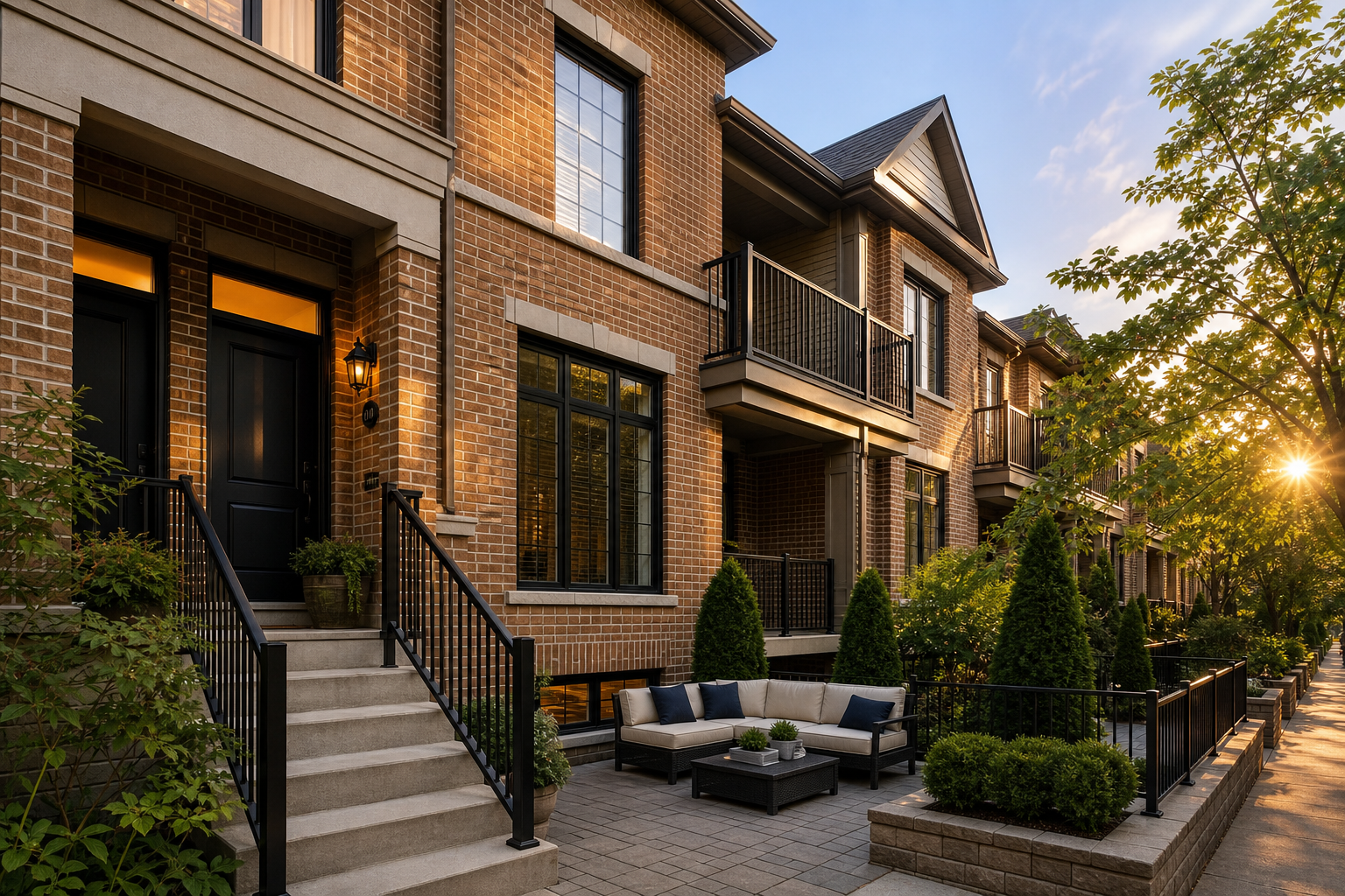 Two-story brick townhome with a small courtyard and black railings
