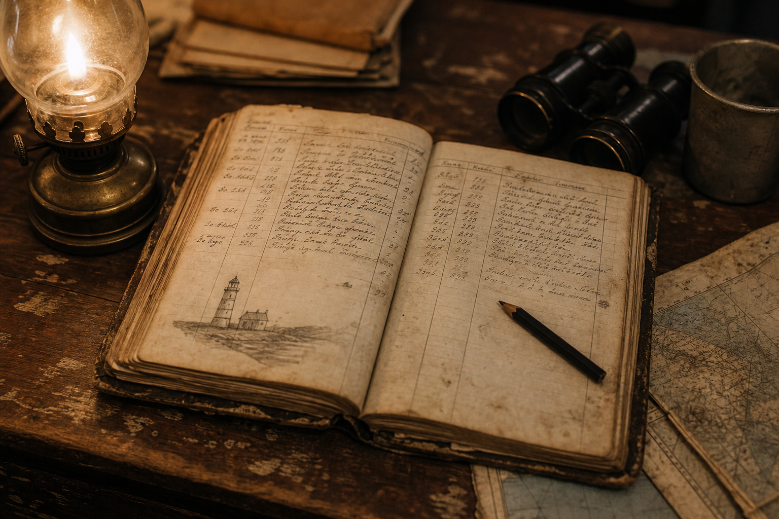 Archival-style photo of a weathered lighthouse keeper logbook open on a wooden desk with pencil and lamp glow