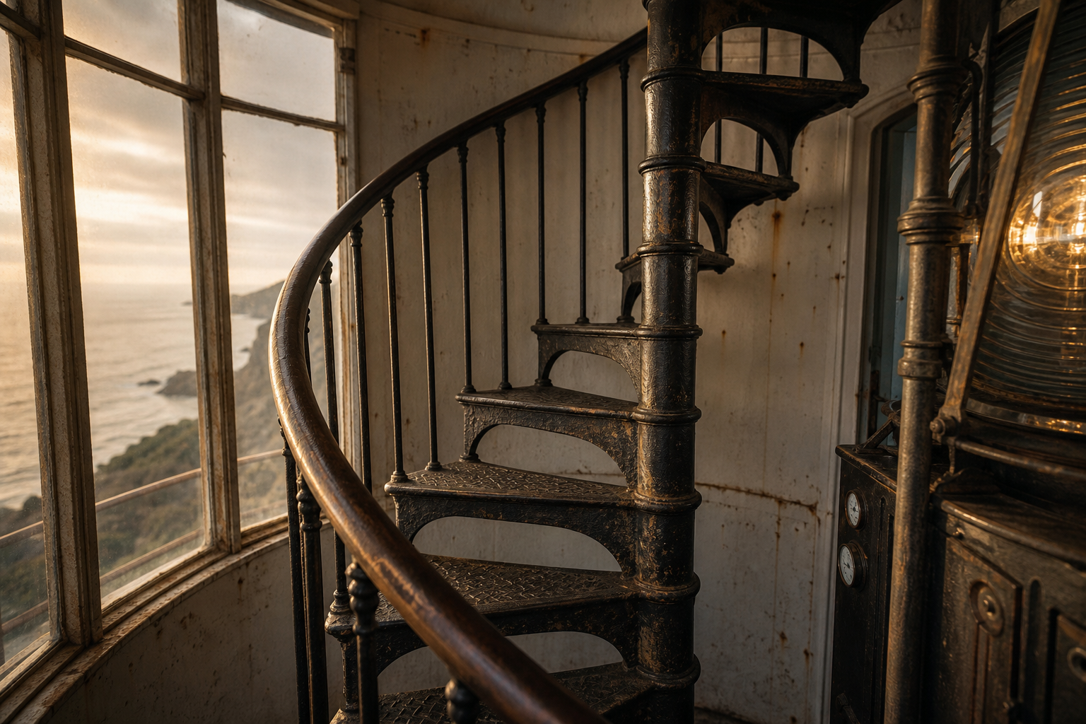 Archival-style photo of a narrow iron lantern room stair with worn treads and warm coastal light