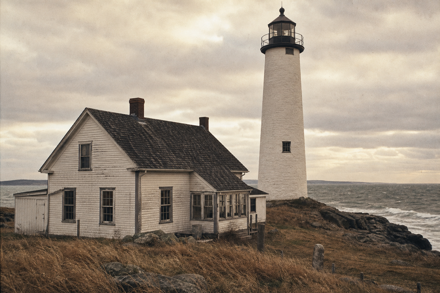 Archival-style coastal photo of weathered keeper living quarters near a lighthouse tower above a stony shoreline