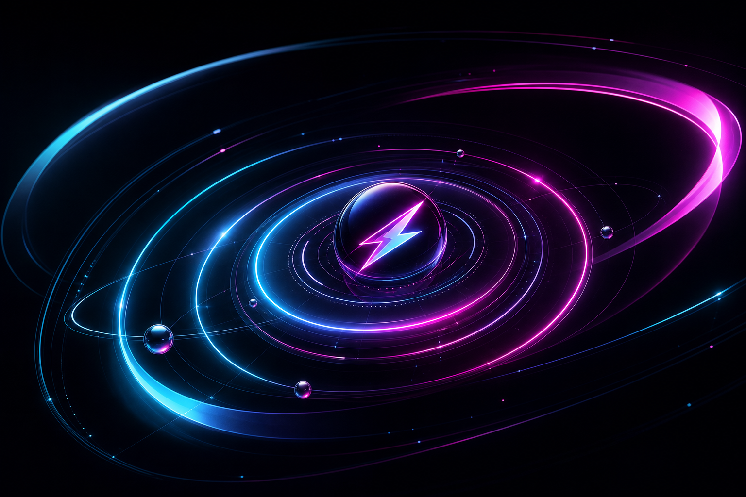 Abstract futuristic orbital interface with layered neon cyan and magenta arcs floating over a dark space backdrop