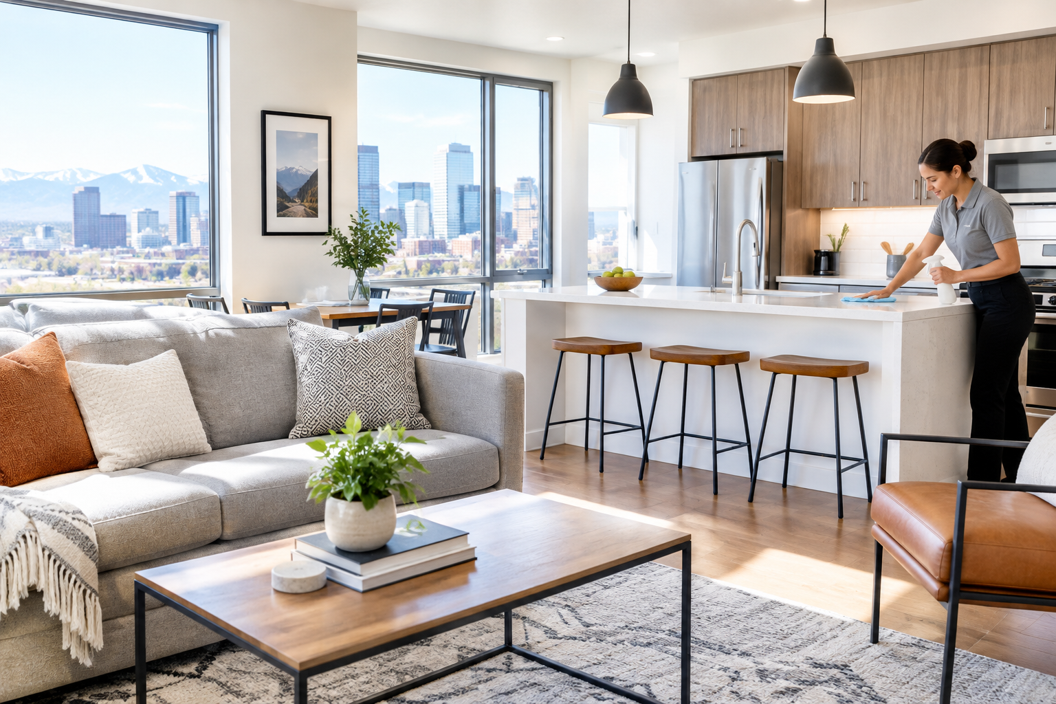 Bright guest-ready short-term rental living room with a professional cleaner finishing touches