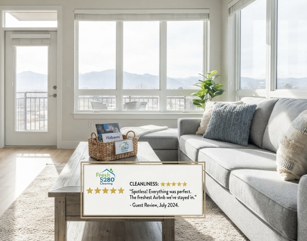 Bright guest-ready short-term rental living room with a professional cleaner finishing touches