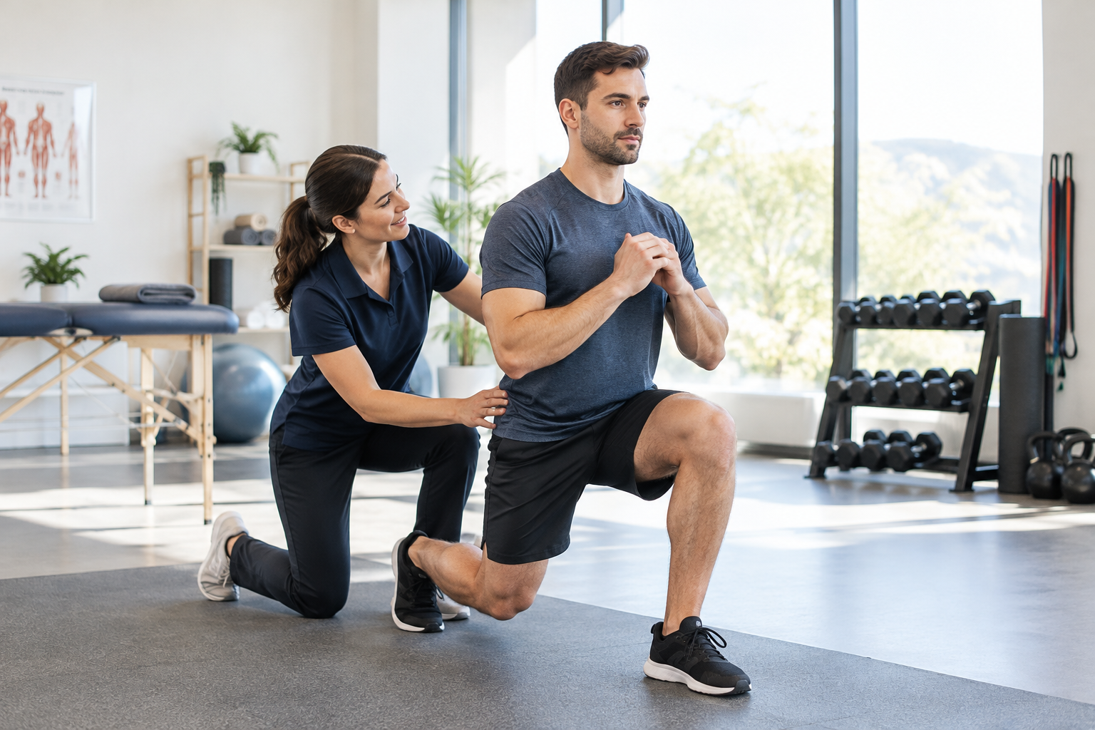 Active adult performing a guided movement exercise with a physiotherapist in a bright treatment studio
