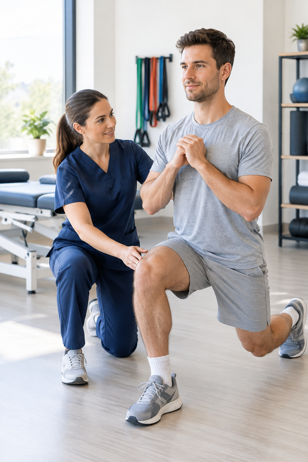 Physiotherapist guiding an athletic adult through a controlled lunge exercise in a bright modern clinic