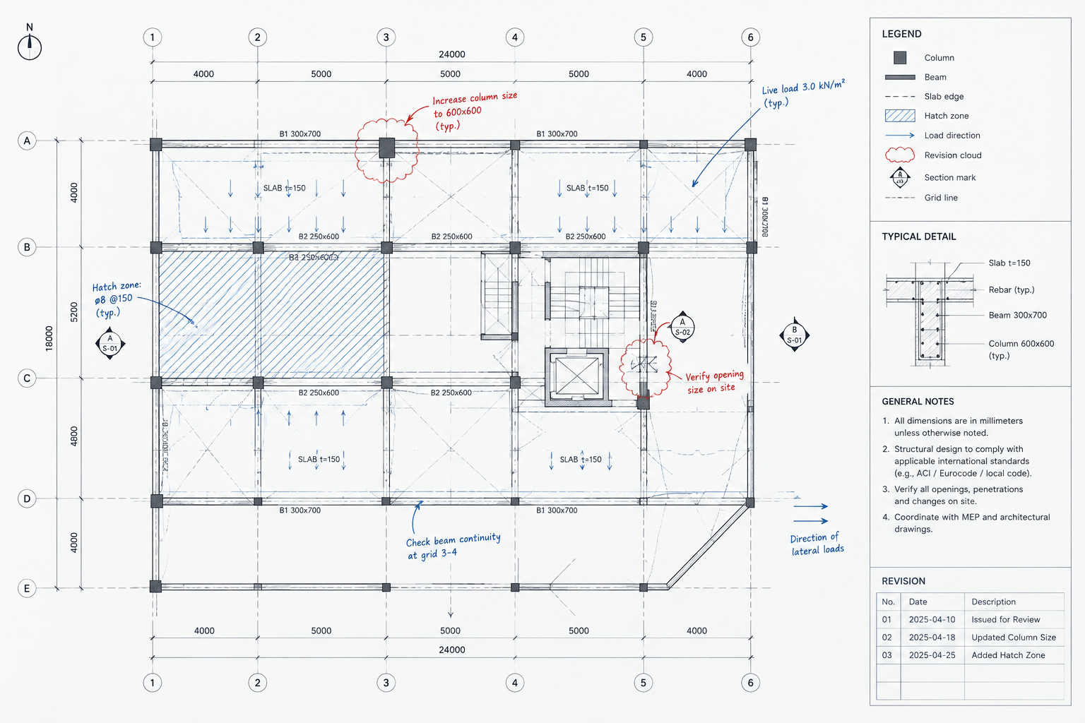 Annotated structural plan with dimension strings, load path arrows, and clouded revision marks