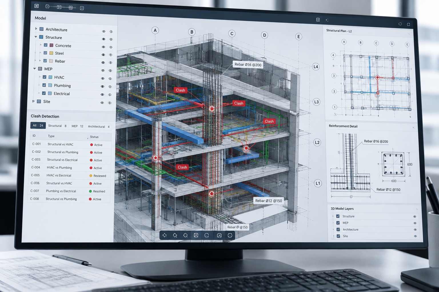 Close-up structural BIM coordination view showing clash markers, grid references, and annotated reinforcement details