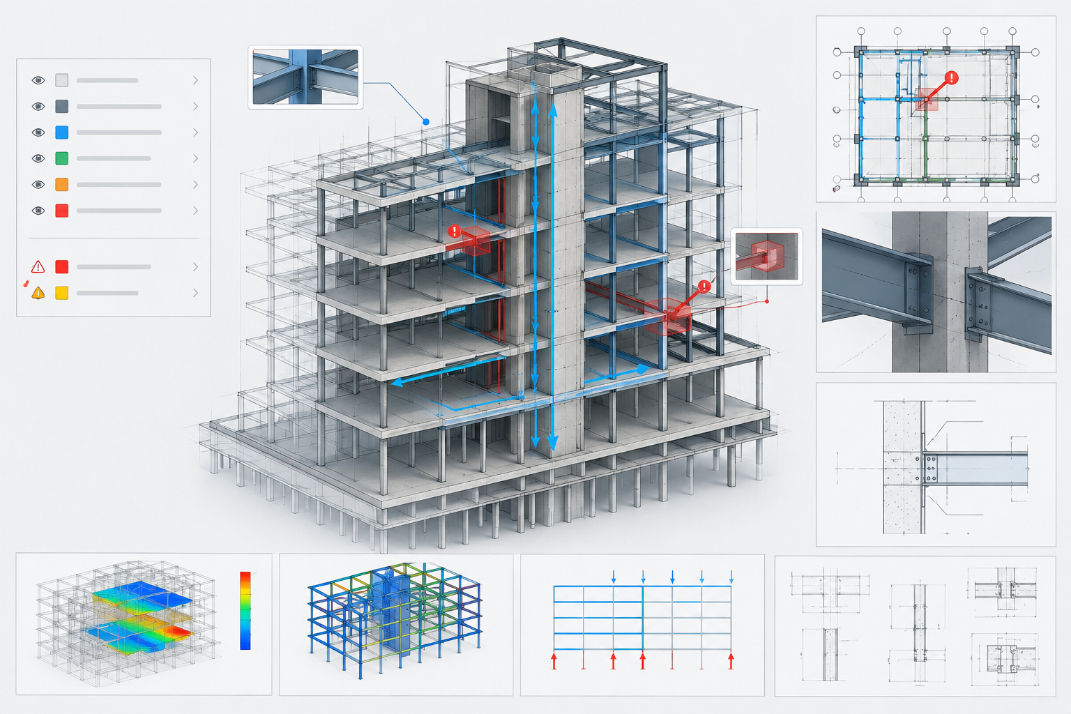 Federated BIM structural model with analytical load paths, clash markers, and coordinated drawing callouts