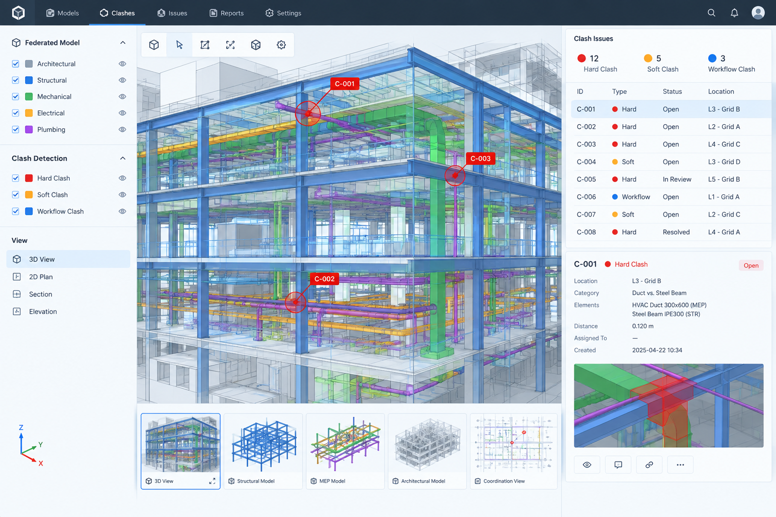 Federated BIM model review snapshot showing color-coded structural members and clash annotations