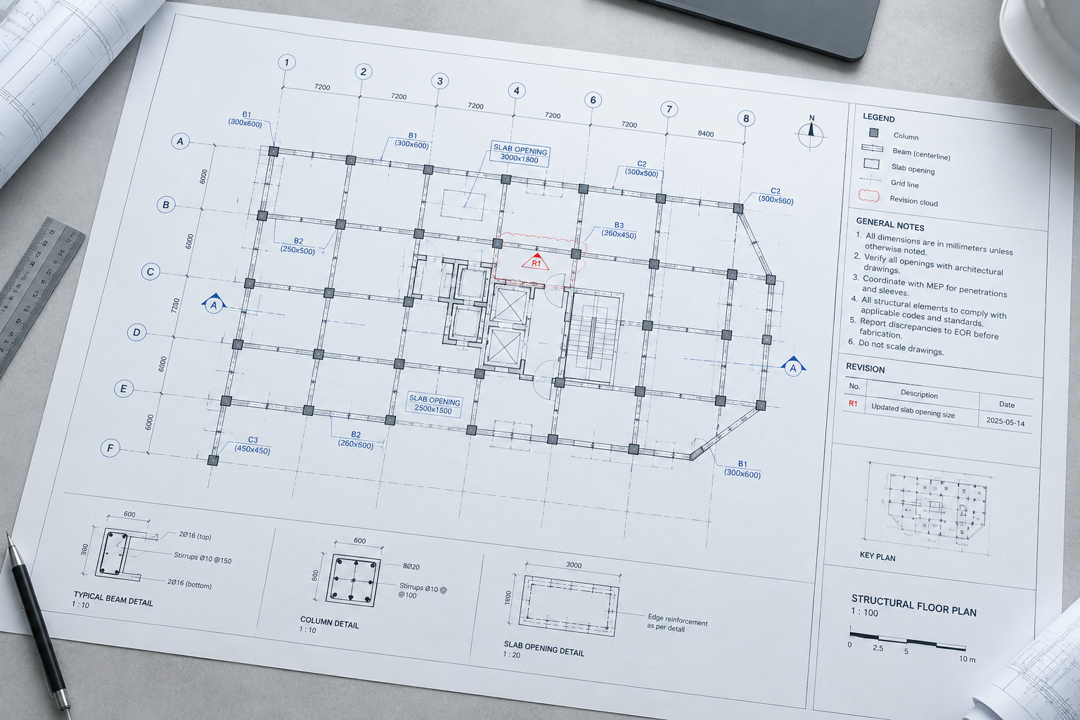 Composite coordination drawing sheet with structural grid, column tags, slab openings, and revision clouds