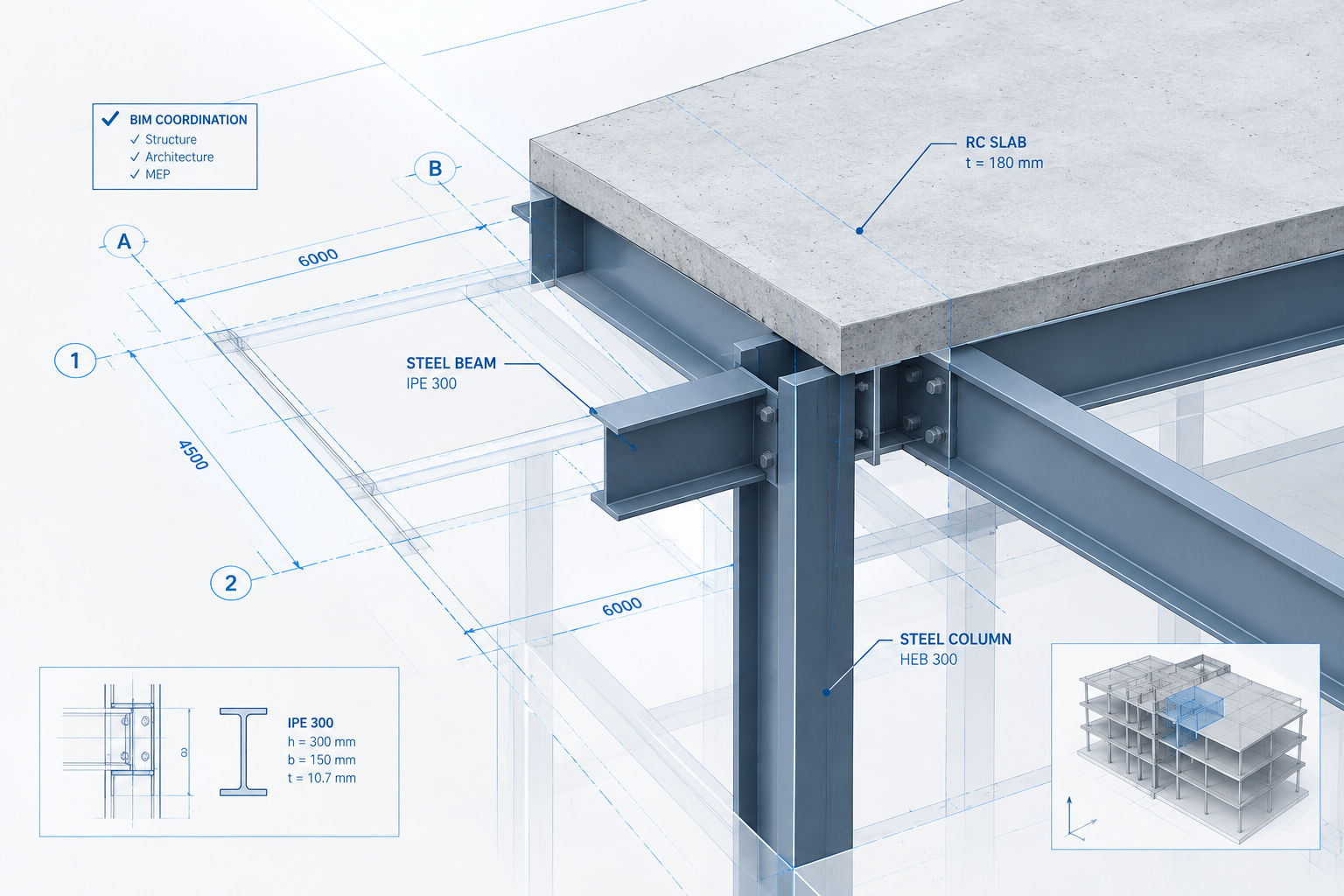 Close technical illustration of a coordinated BIM structural model fragment with grid lines, slab-edge annotations, and steel framing callouts
