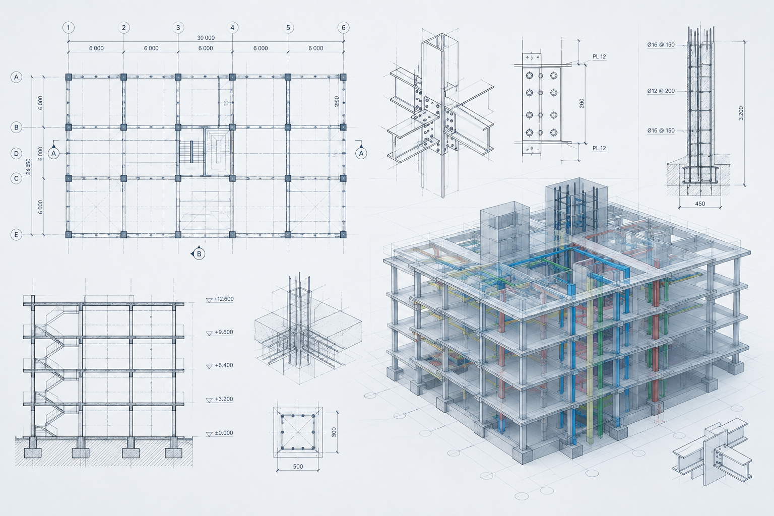 Detailed structural engineering blueprint composition with reinforced concrete framing notes, steel connection details, and BIM model overlays in a clean technical style