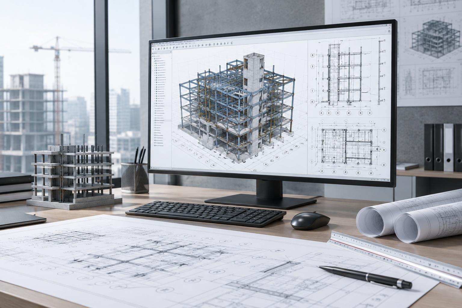 Structural engineering coordination scene with BIM model overlays, plan lines, and technical annotations on a modern project workstation