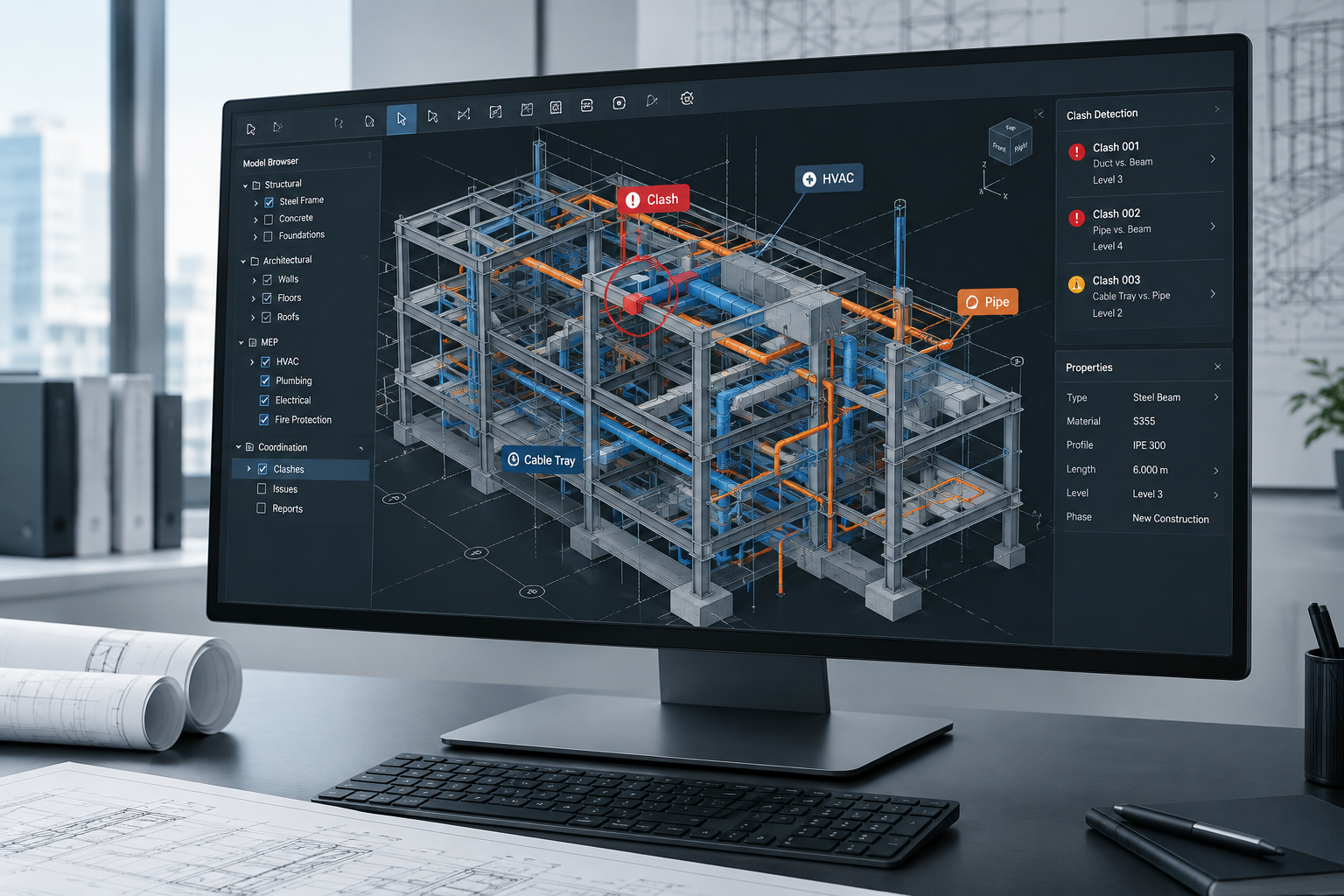 Layered multidisciplinary BIM interface showing structural frame, MEP routes, and architectural grids with coordination callouts
