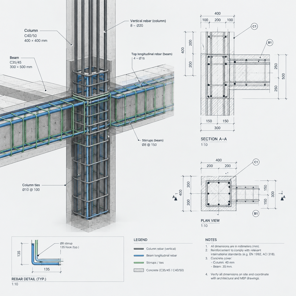 Close technical fragment of beam-column node detail with reinforcement callouts and dimension strings