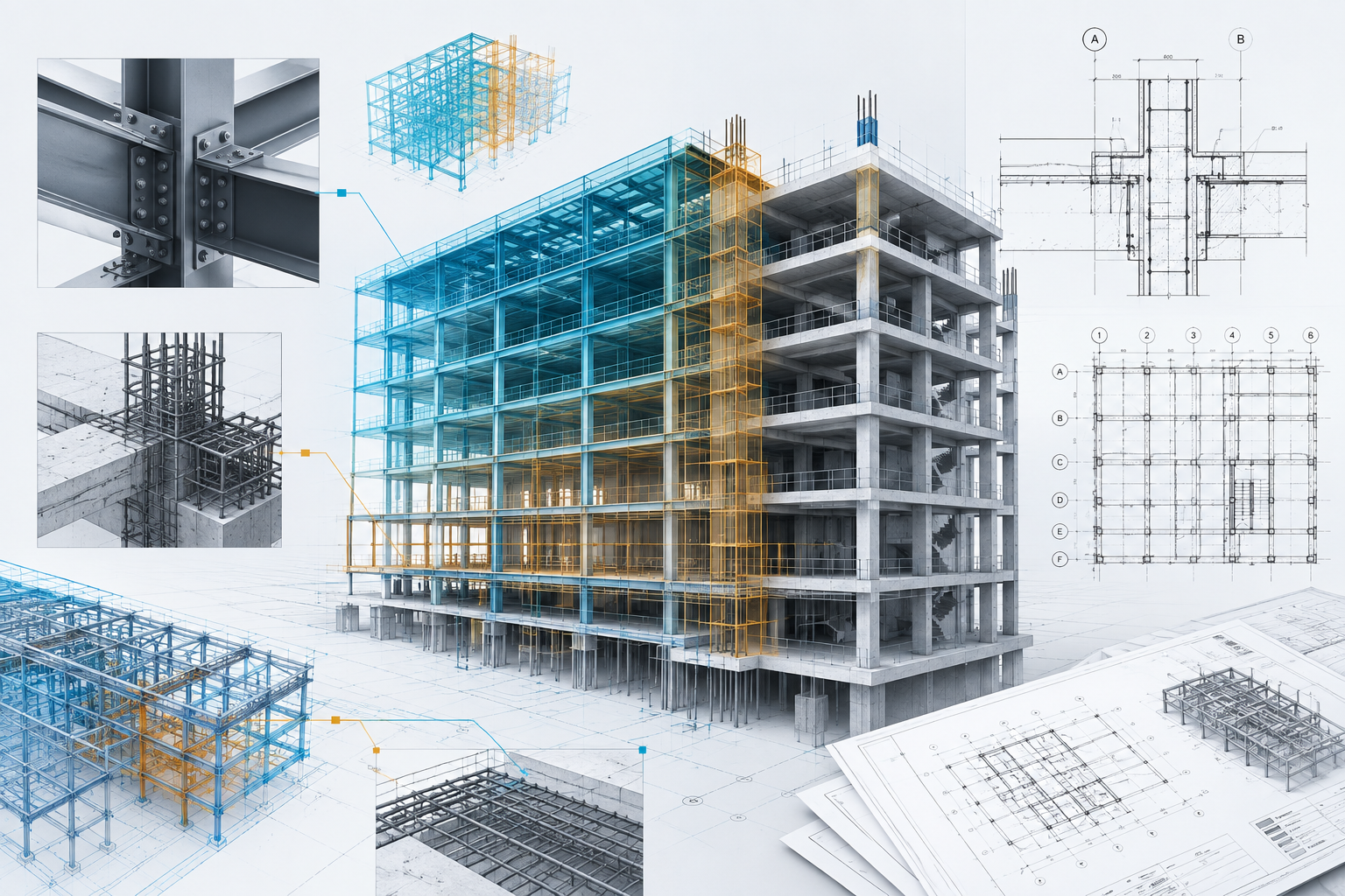 Large engineering composition showing steel and concrete framing with BIM model overlays, section marks, and coordinated drawing sheets