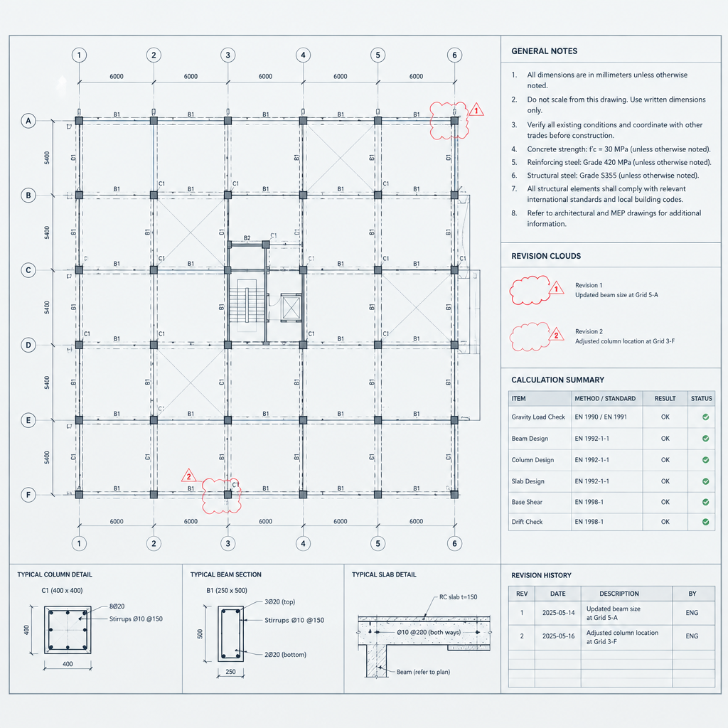 Project sheet fragment combining plan grid, coordination notes, and calculation summary table