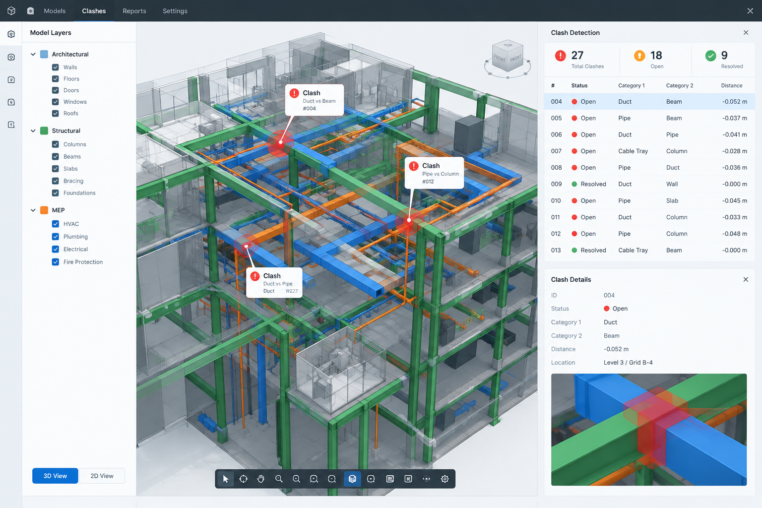BIM coordination view with federated structural and MEP model overlays and clash markers