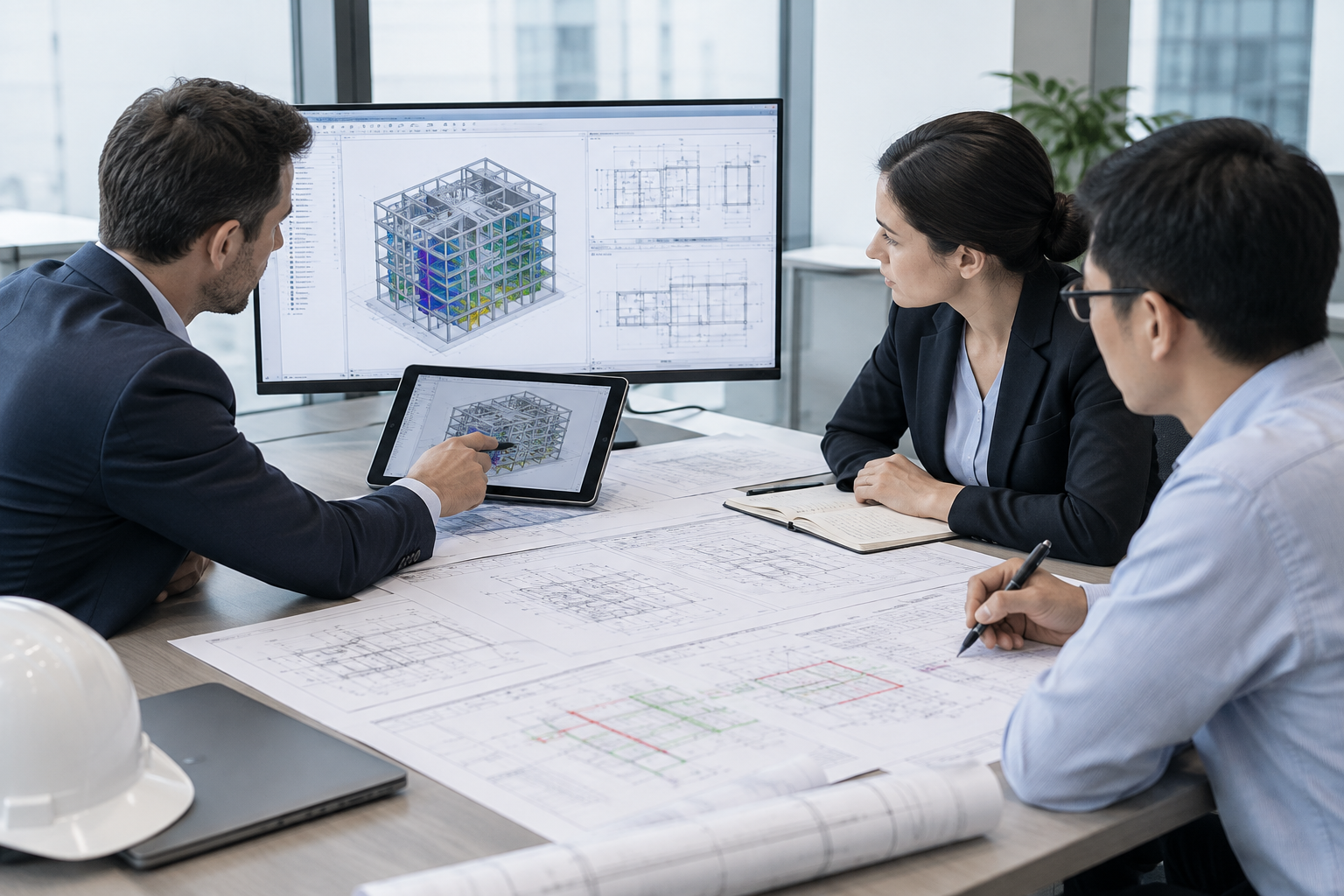 Multidisciplinary engineering consulting meeting with structural plans, BIM screens, and technical discussion notes