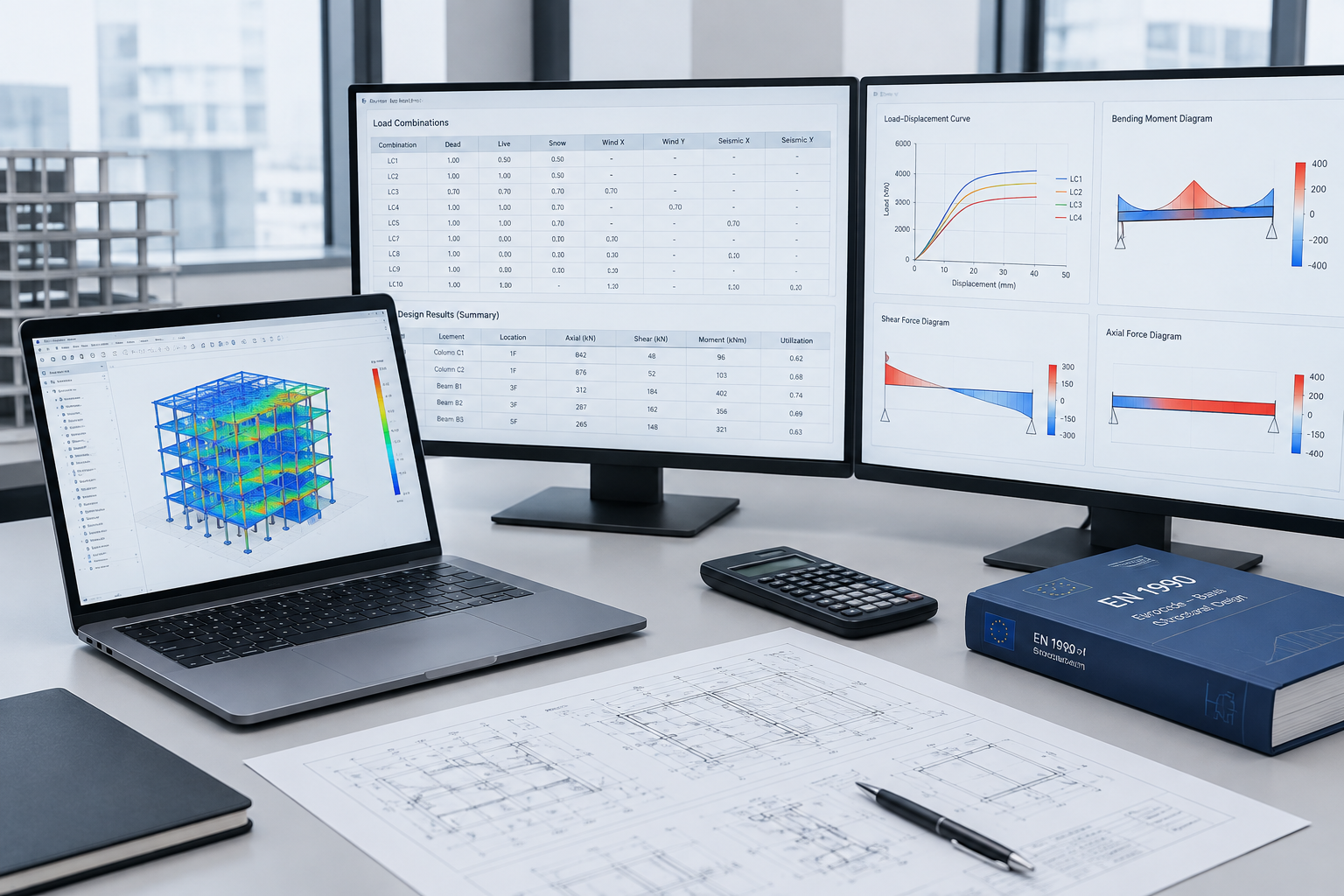 Engineering workstation showing structural calculation sheets, load combinations, and analytical model results