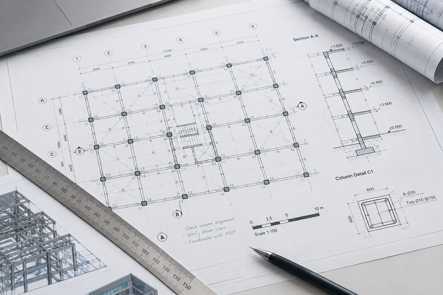 Close technical view of structural design drawings with column grid layout and section callouts