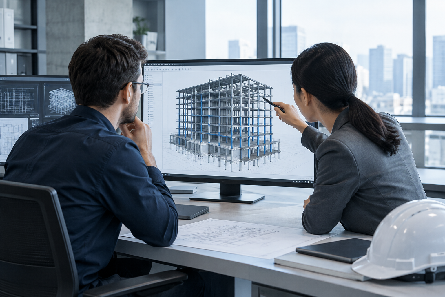 Structural engineering team reviewing a steel and concrete building frame model in a technical office