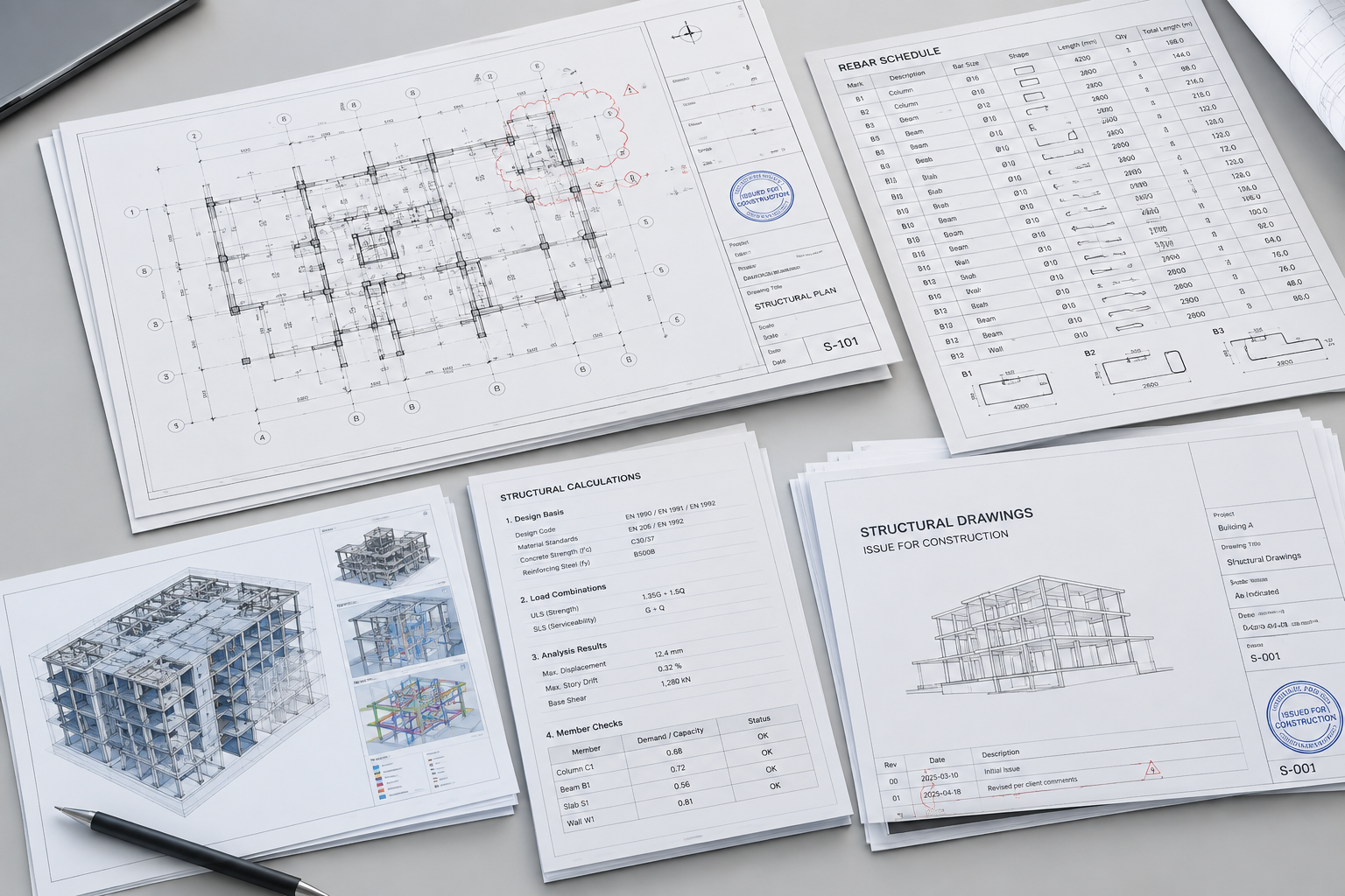 Organized technical documentation package with structural sheets, schedules, and revision stamps on a desk