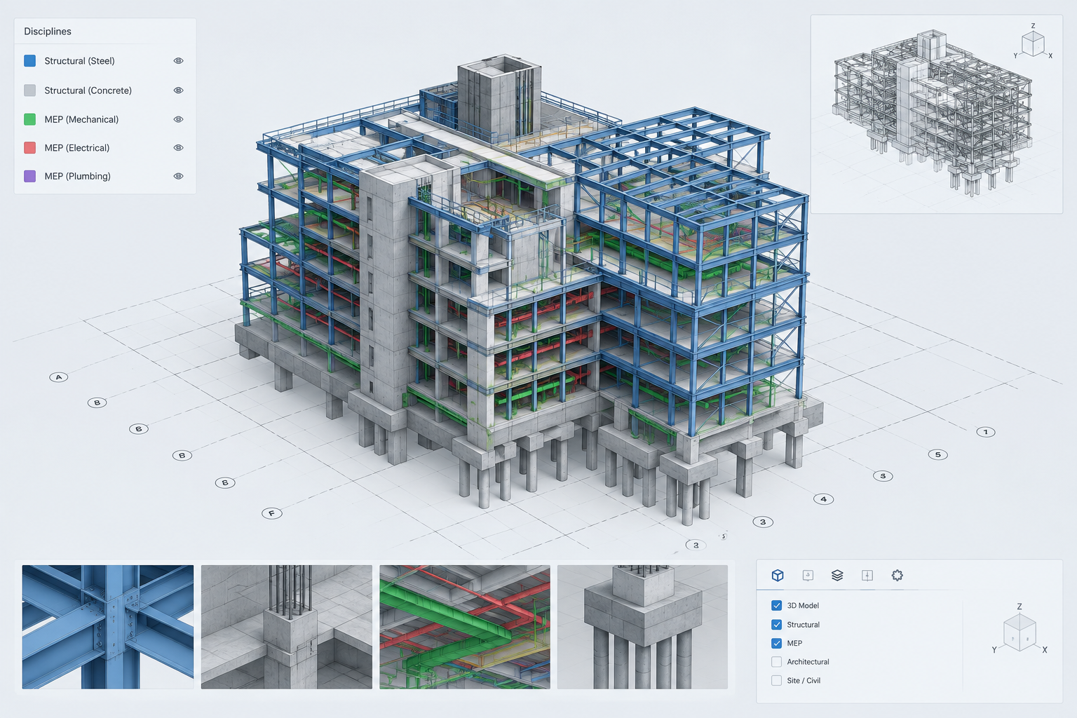 Federated BIM structural model view with steel and concrete systems coordinated across disciplines