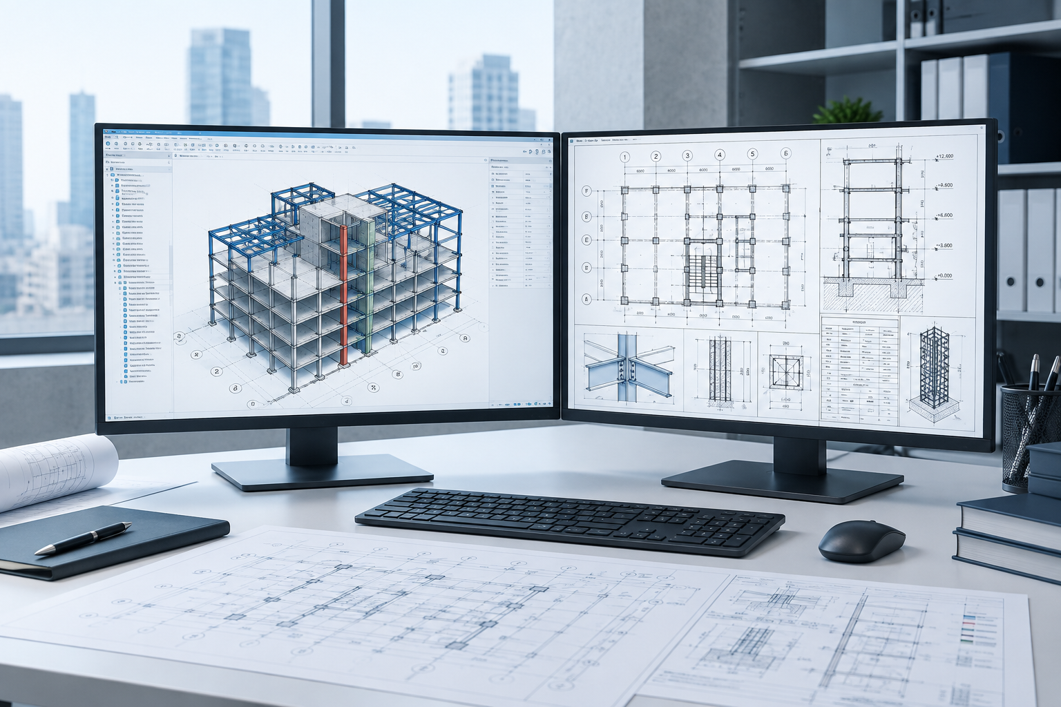 BIM-oriented structural engineering visual showing coordinated model views, framing systems, and drawing callouts