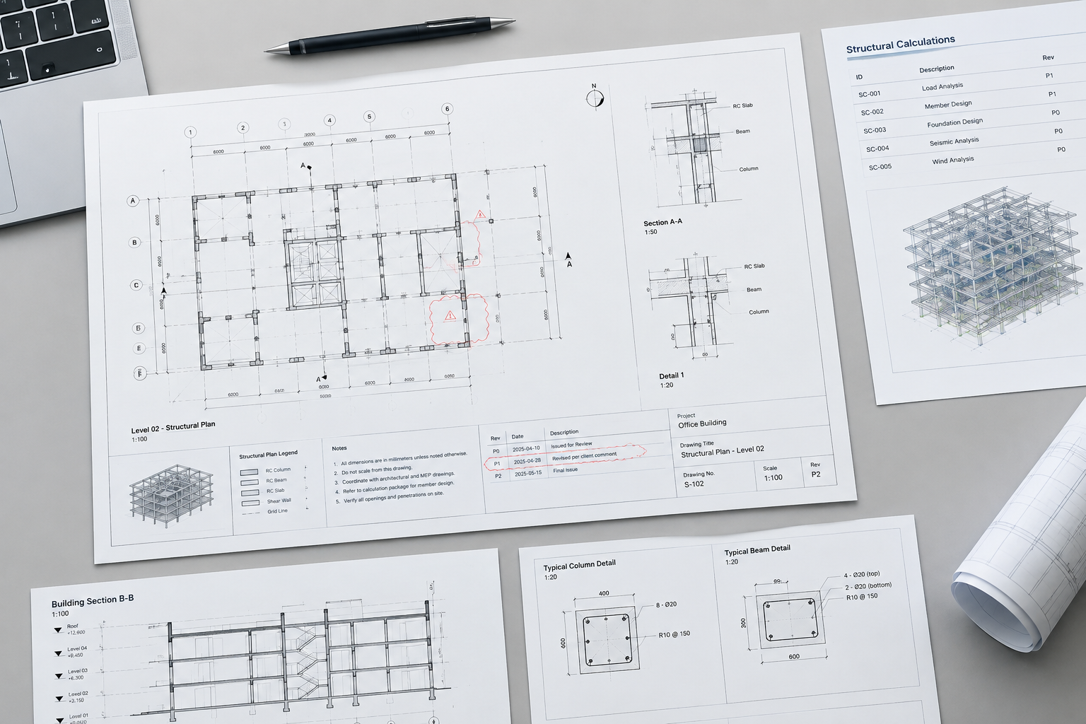 Organized engineering documentation sheets with coordinated structural plans and calculation references