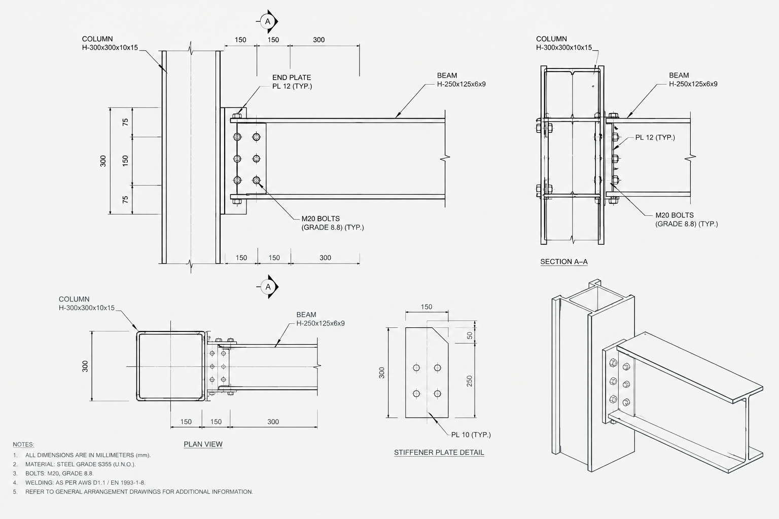 Close-up structural detail drawing showing beam-to-column connection notes and dimensions