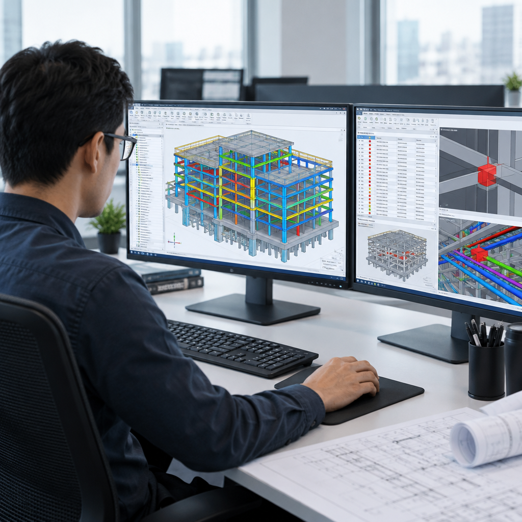 BIM specialist working with a 3D structural model showing color-coded elements and coordination views