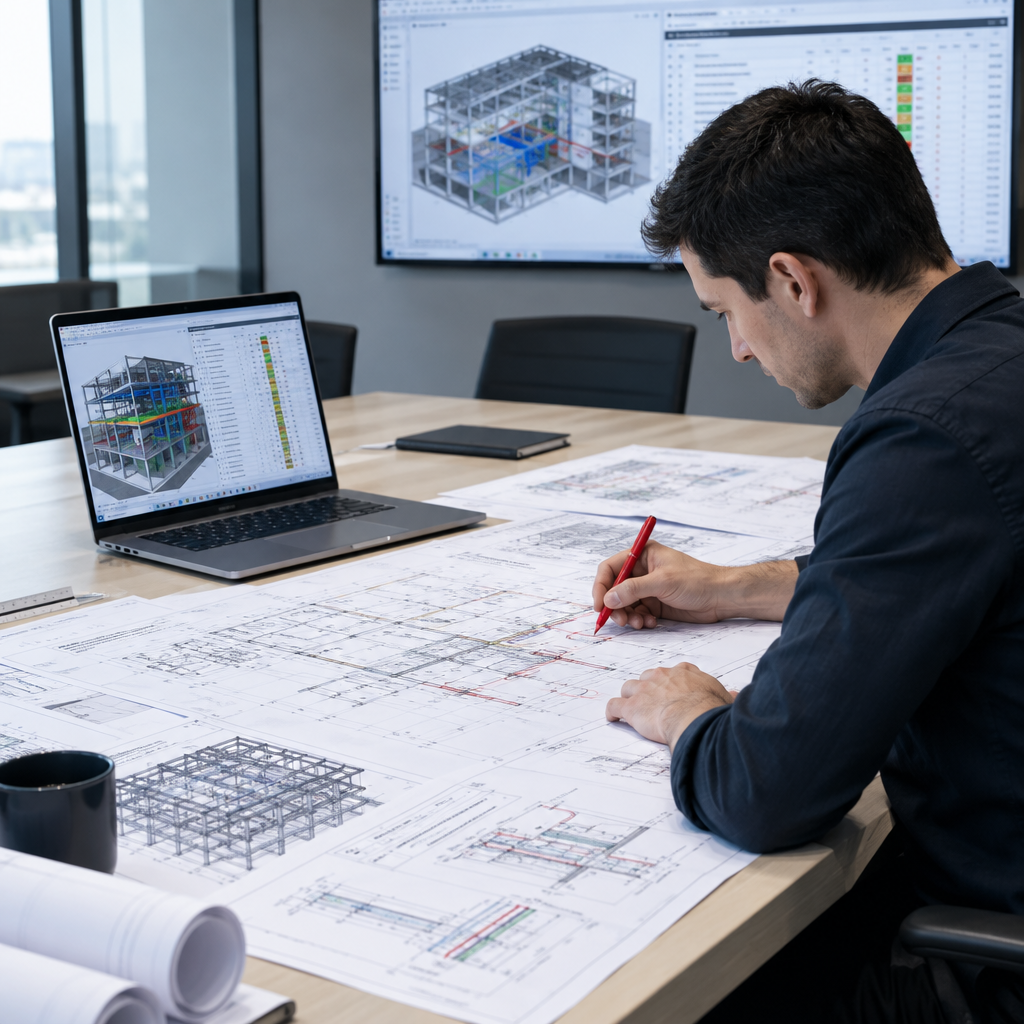 Design coordination lead marking interdisciplinary clash comments on architectural and structural drawings