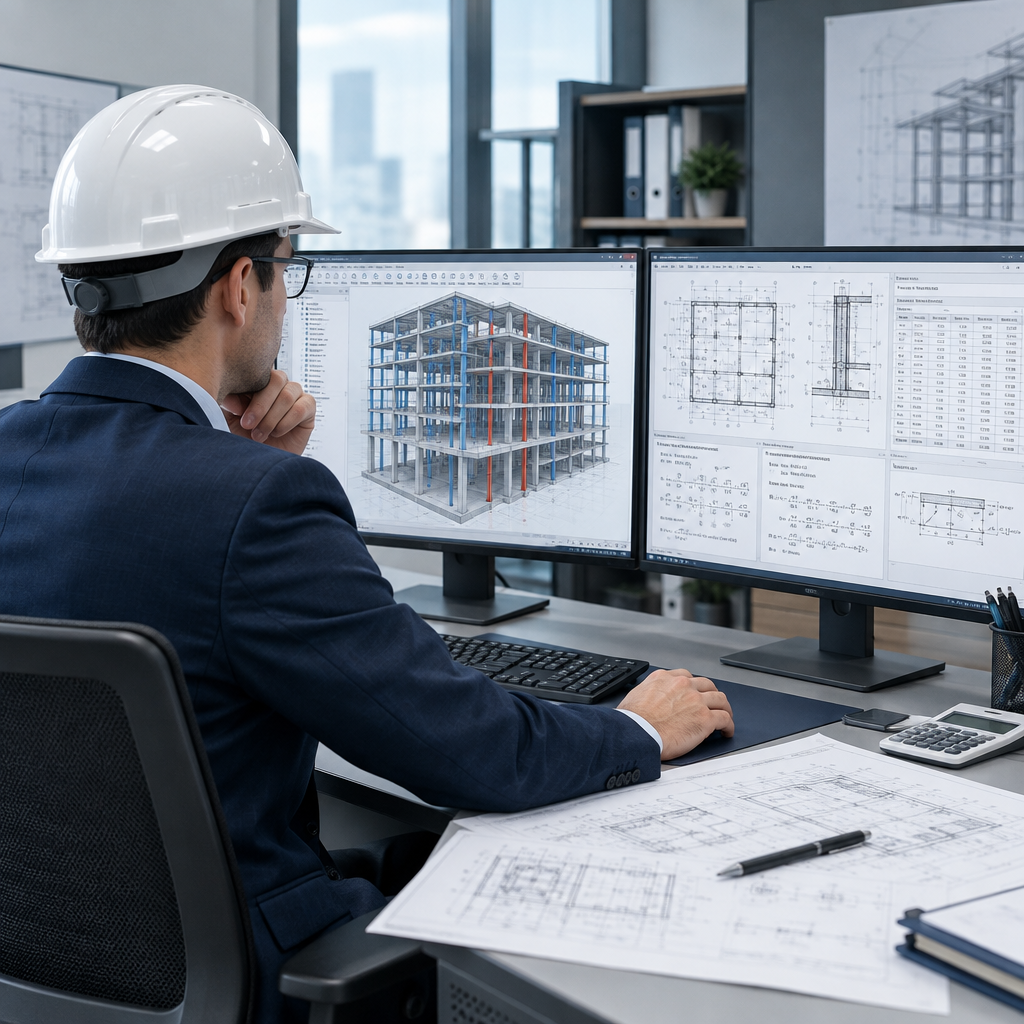 Senior structural engineer reviewing steel and concrete framing plans on dual monitors in a technical office