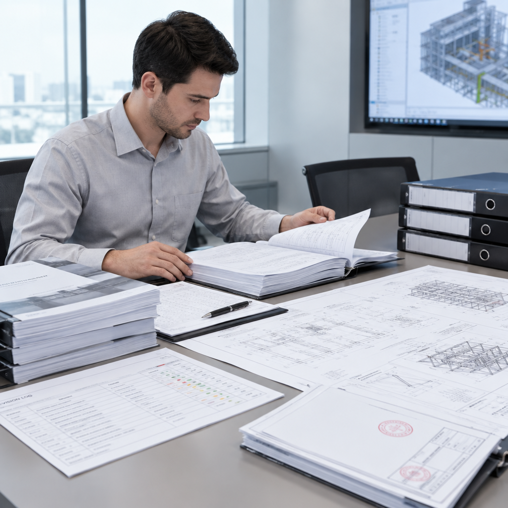 Technical documentation lead organizing calculation sheets, revision logs, and final IFC drawing sets