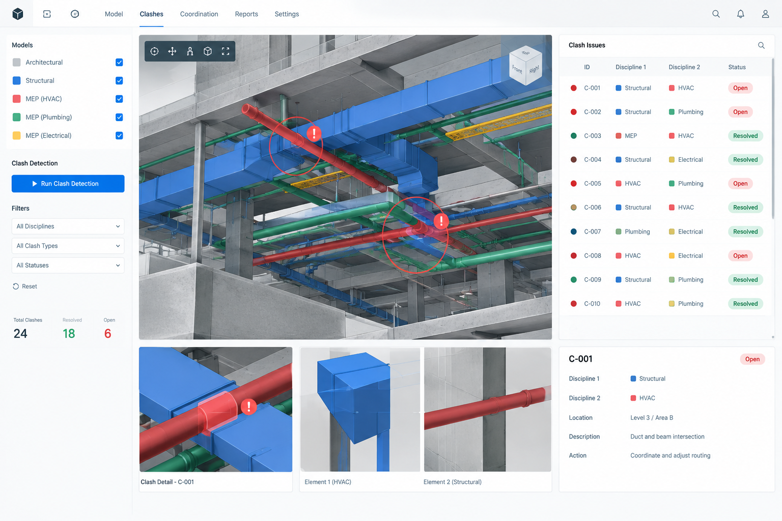 BIM coordination interface showing structural clashes tracked and resolved with other disciplines