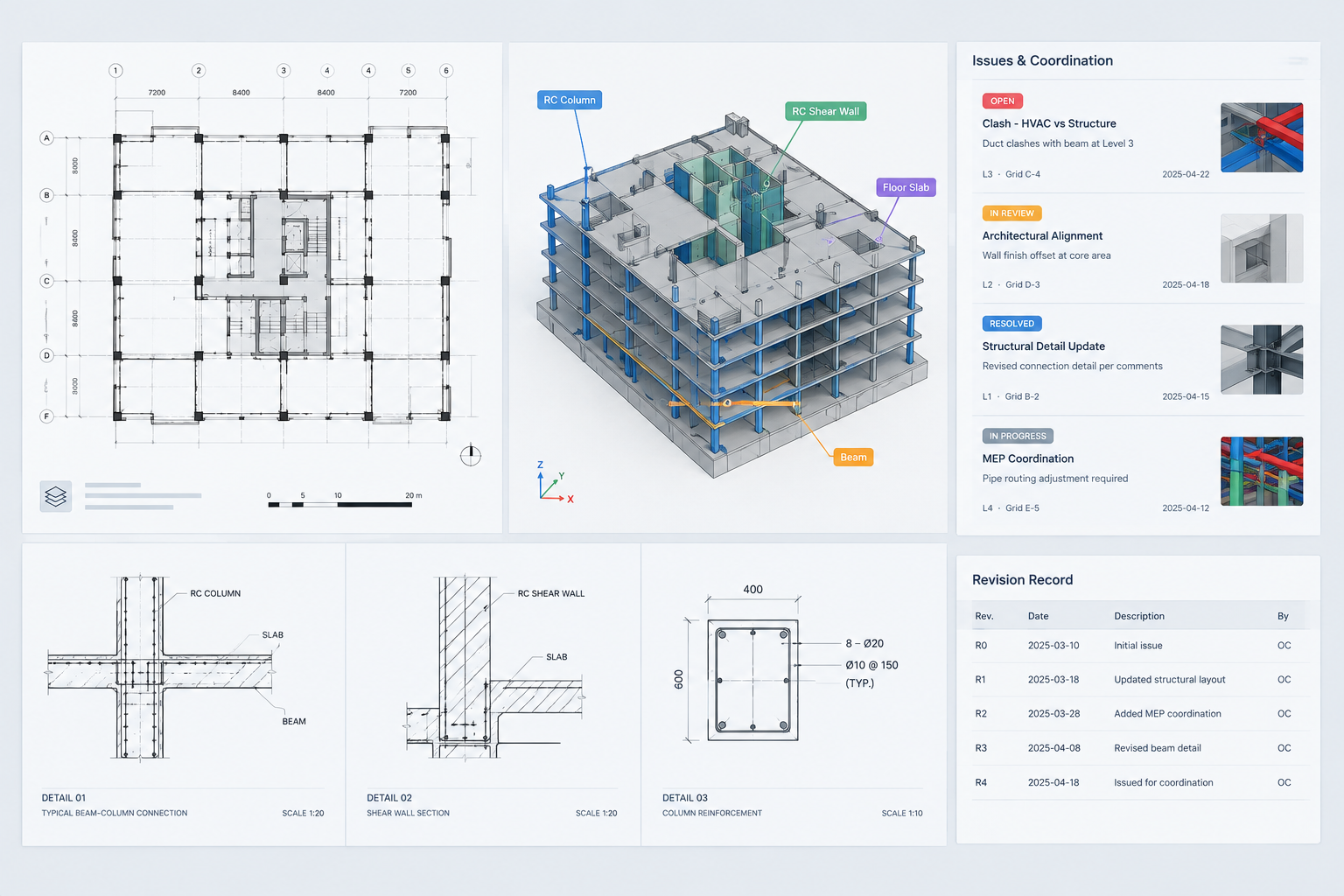 Coordinated structural sheet set with BIM tags, drawing callouts, and revision notes