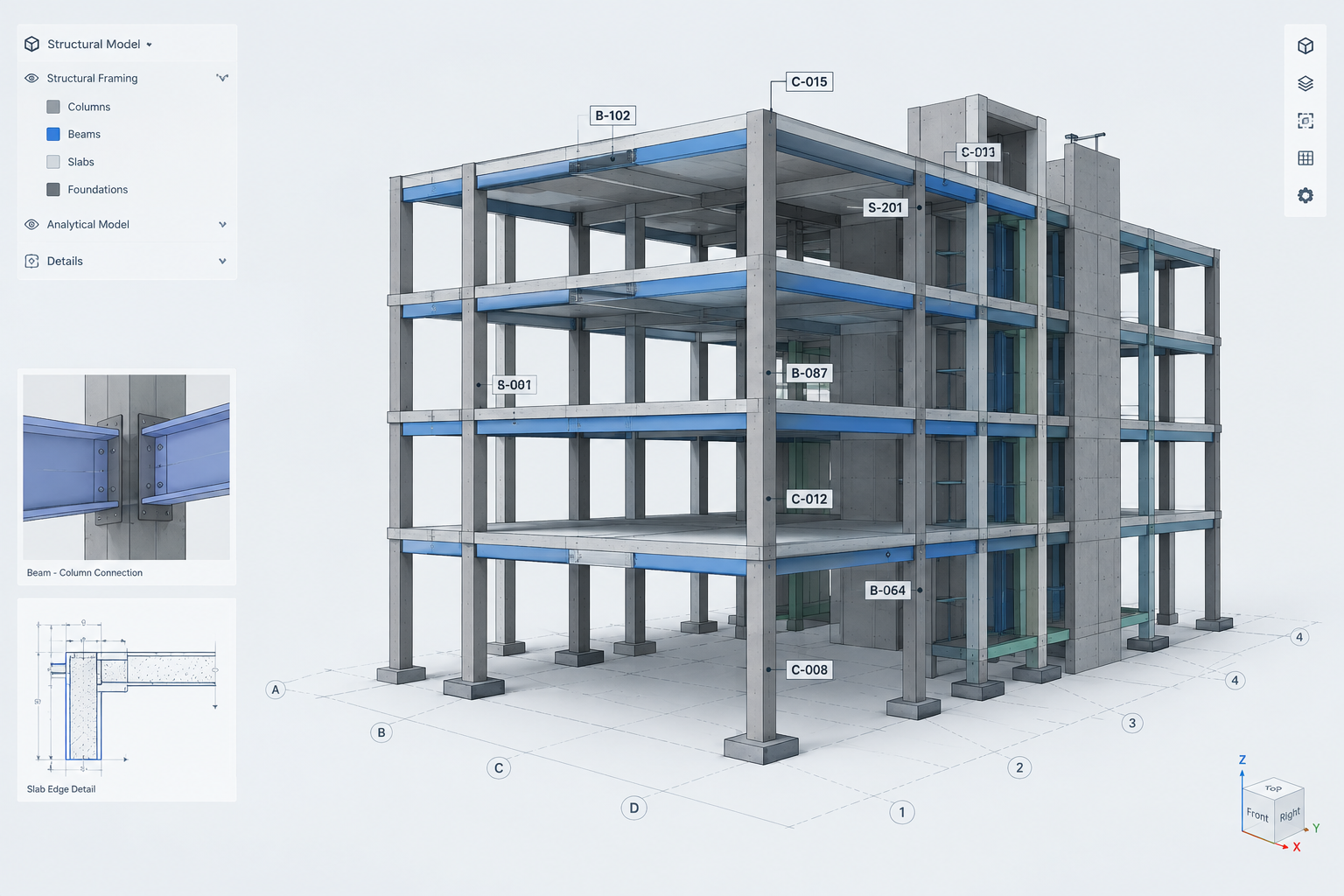 BIM-enabled structural framing model overlaying grid lines and member tags for design development