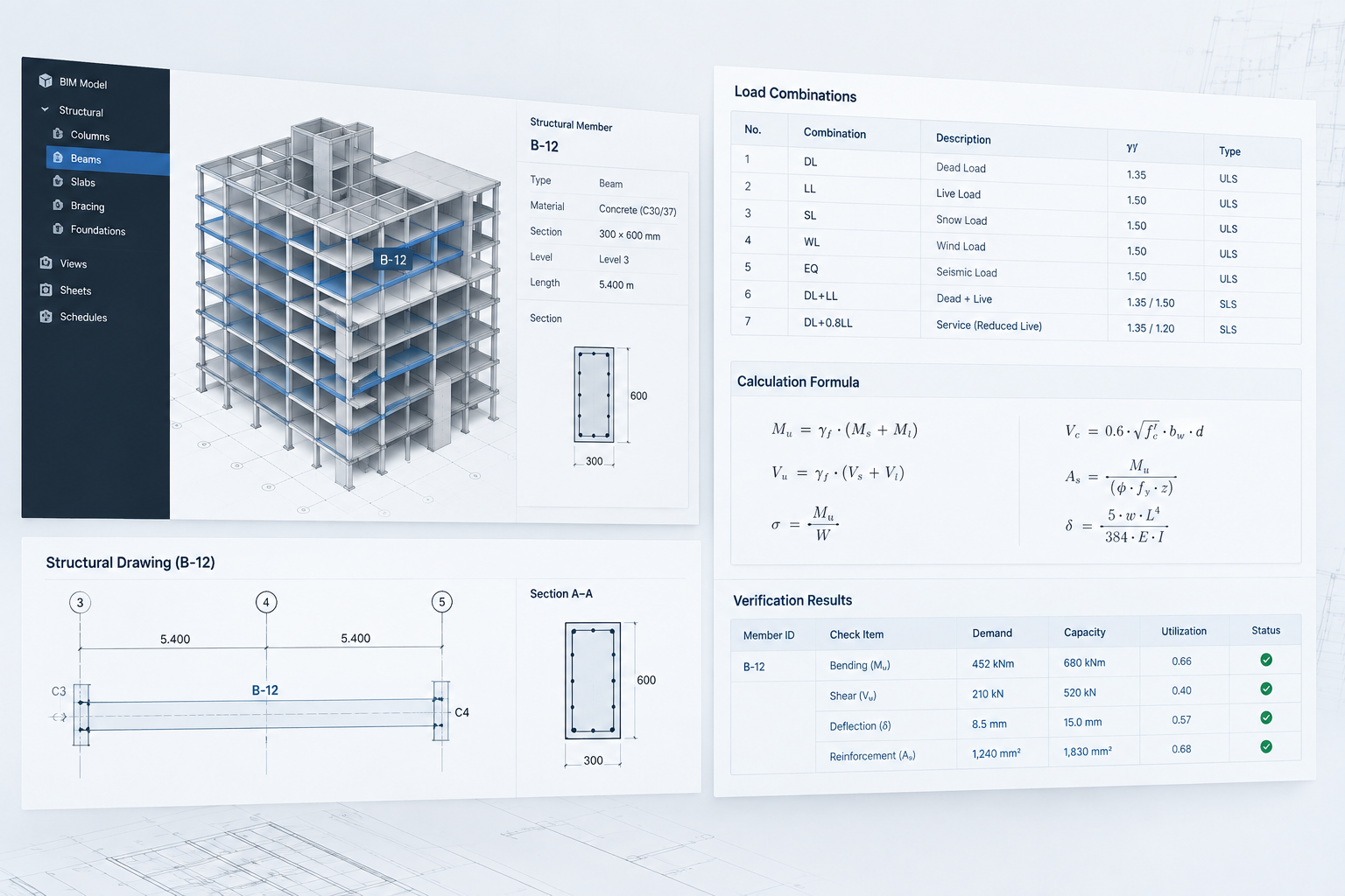 Structural calculation worksheet linked to BIM element identifiers and load path checks