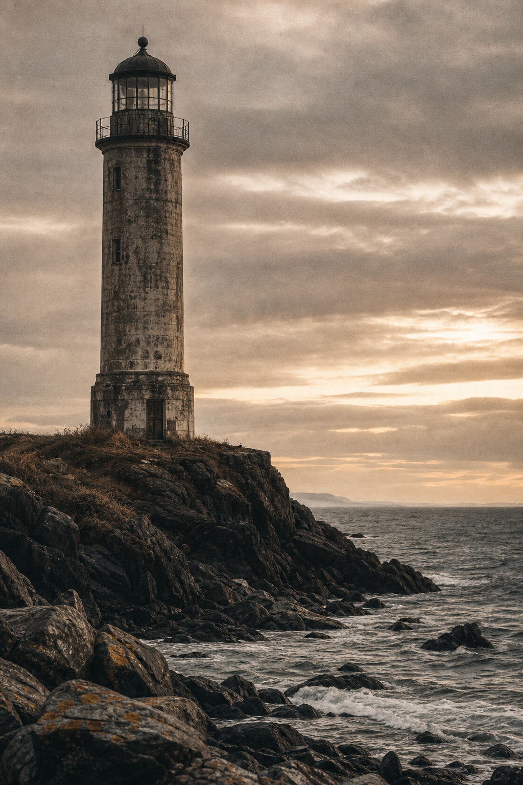 Archival-style photograph of a weathered lighthouse tower above a rocky northern shoreline under muted evening light