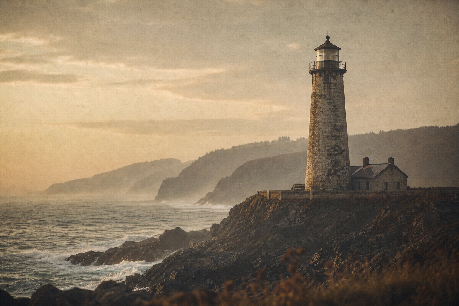 Weathered lighthouse on a hazy northern shoreline with soft surf and distant cliffs