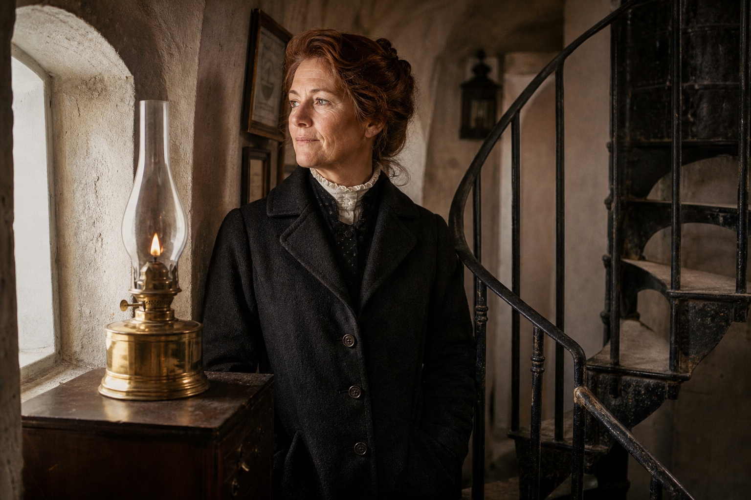Archival portrait of Elsa Lindholm standing beside a brass oil lamp in a stone lighthouse corridor