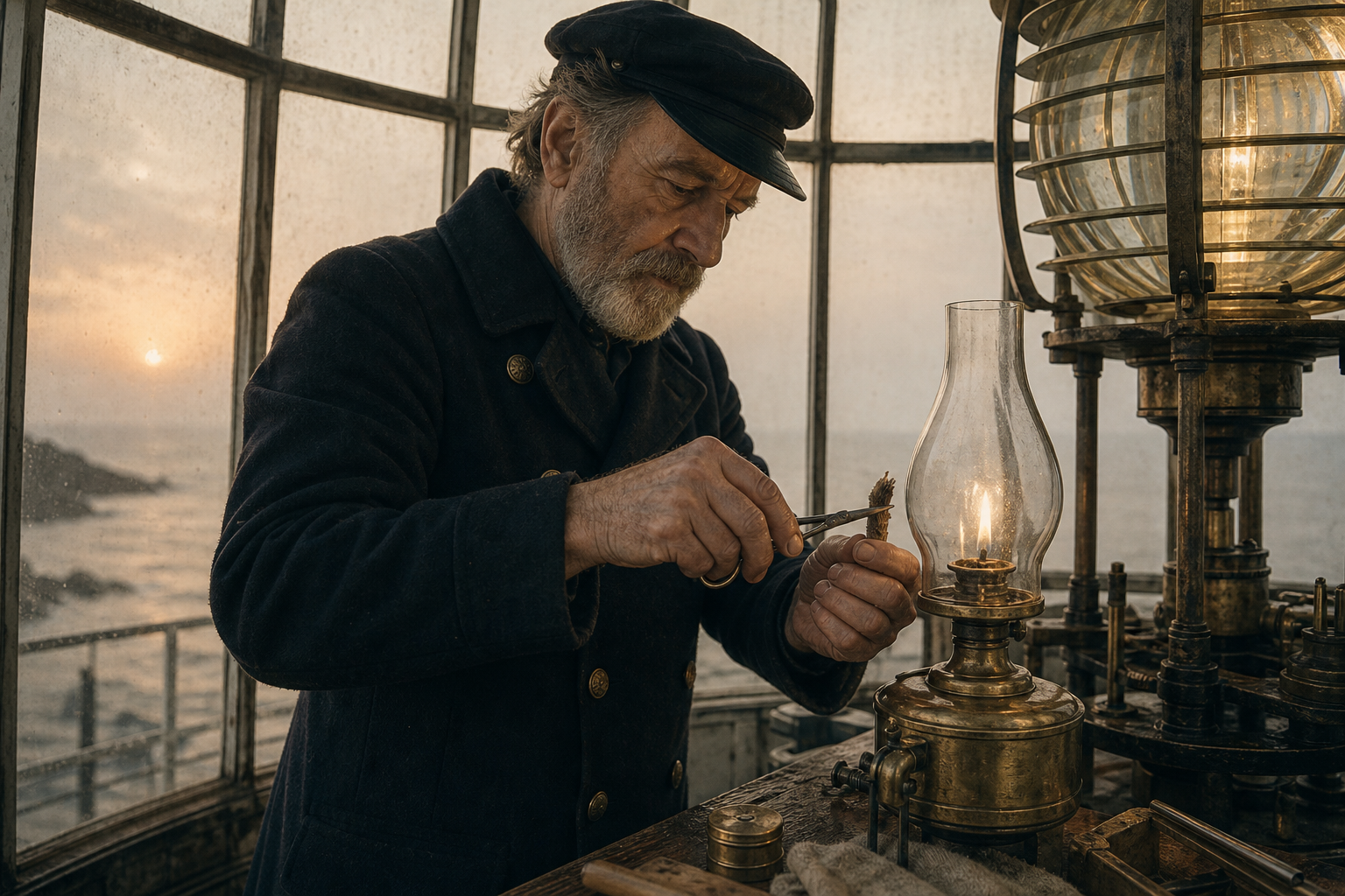 Keeper Jonah Mercer in a wool coat trimming the wick in a lantern room before dawn