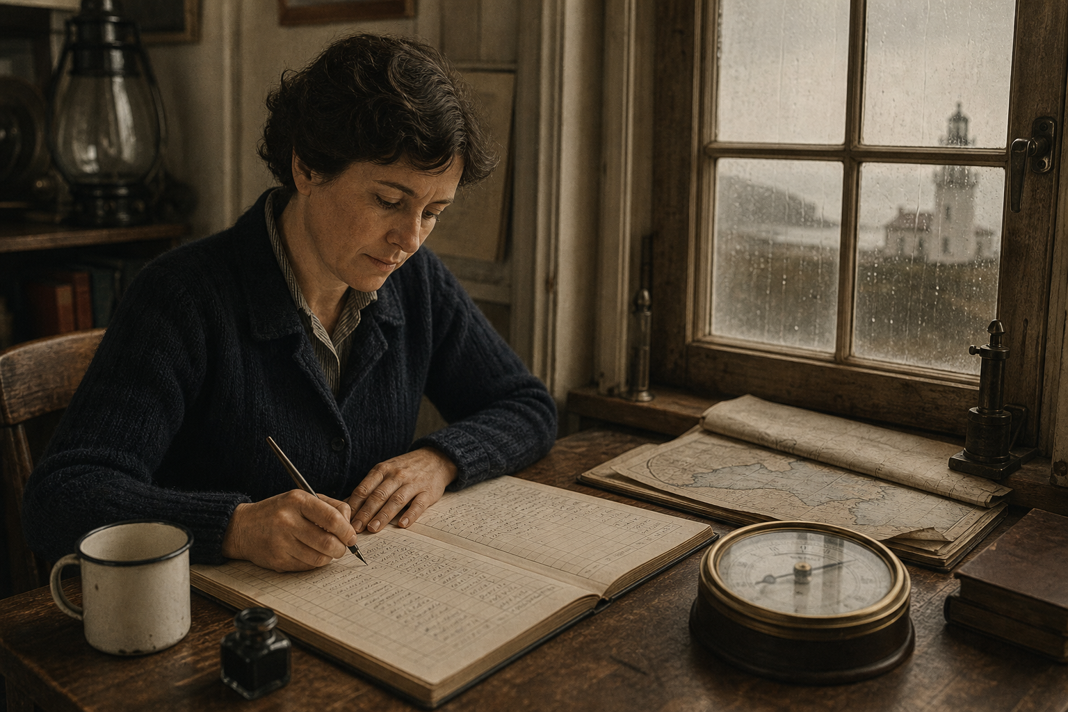 Margaret Doyle at a wooden desk recording barometer readings beside a rain-streaked window